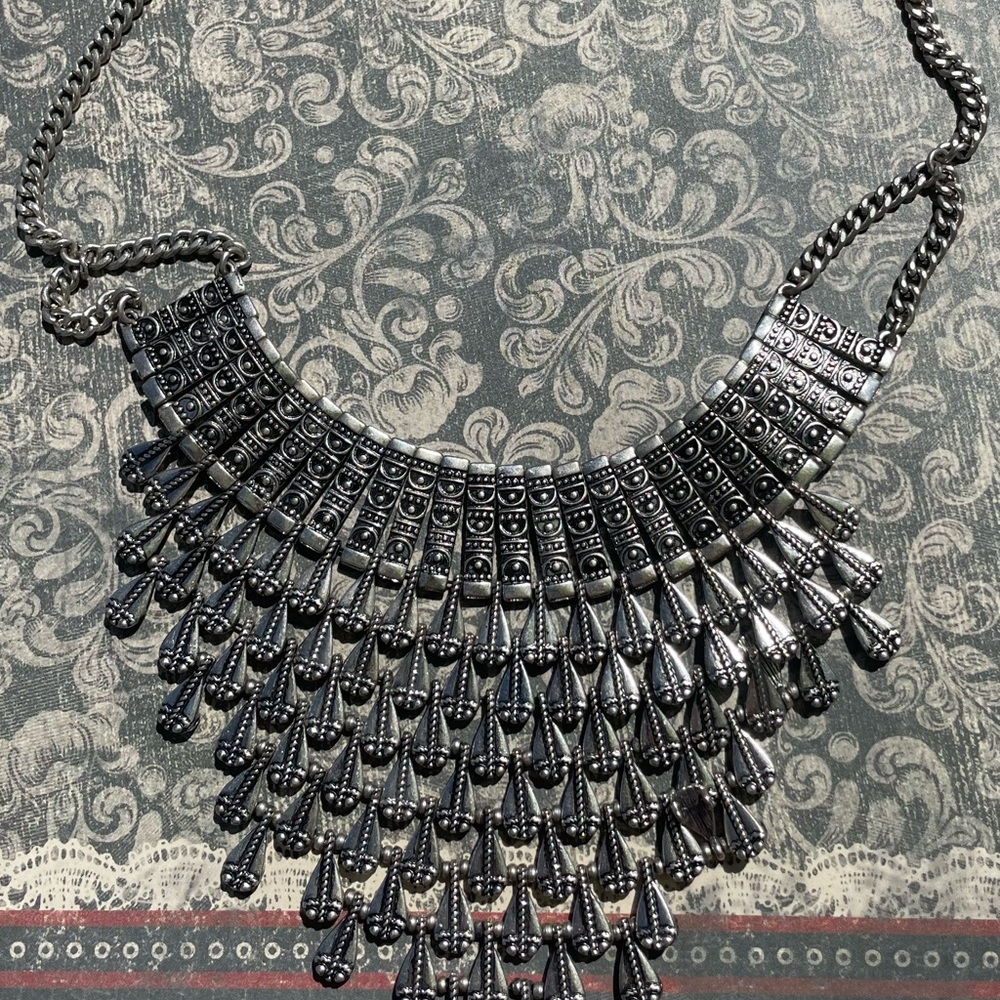 Silver tone boho layered necklace choker